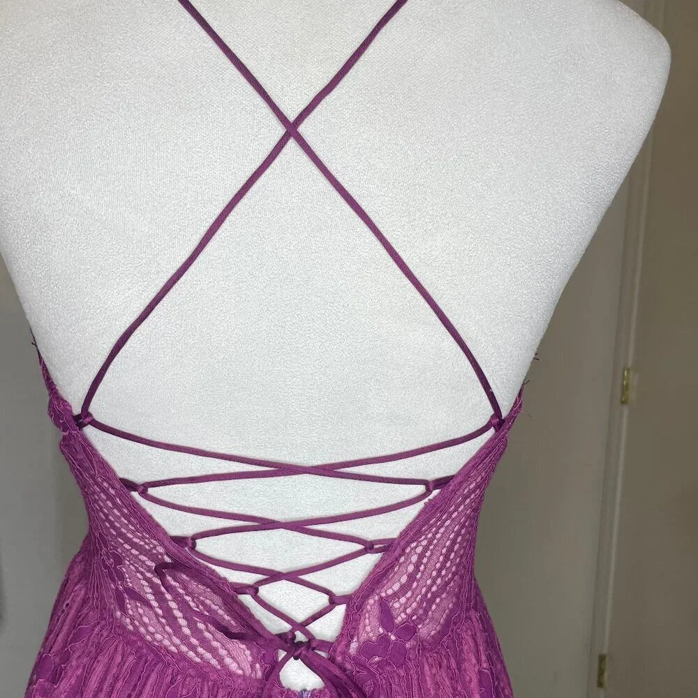 AOOKSMERY Purple Floral Lace Midi Dress NWT Lace Up Back Cocktail Wedding Guest